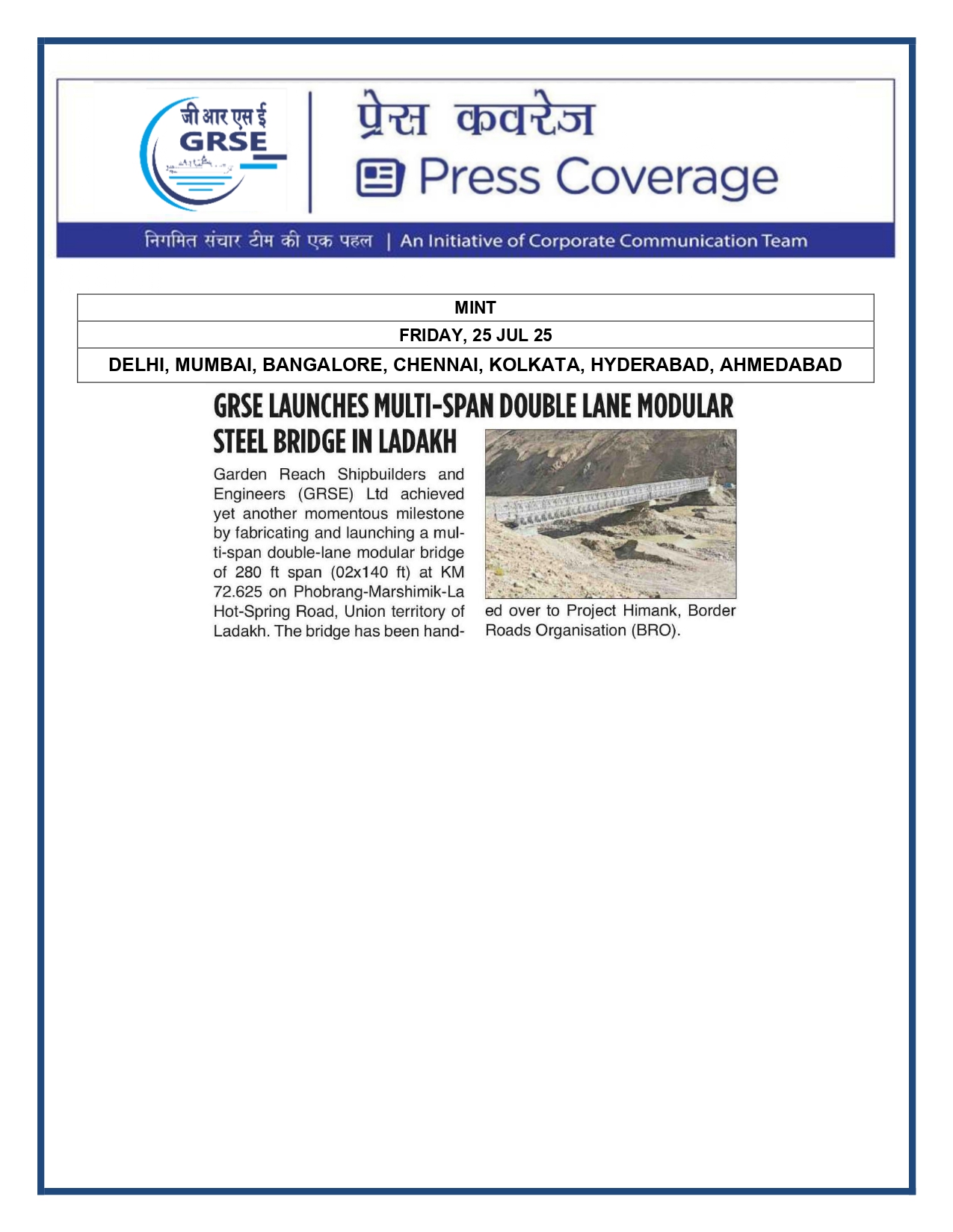 Press Coverage : GRSE Launches Multi-Span Double Lane Modular Steel Bridge In Ladakh